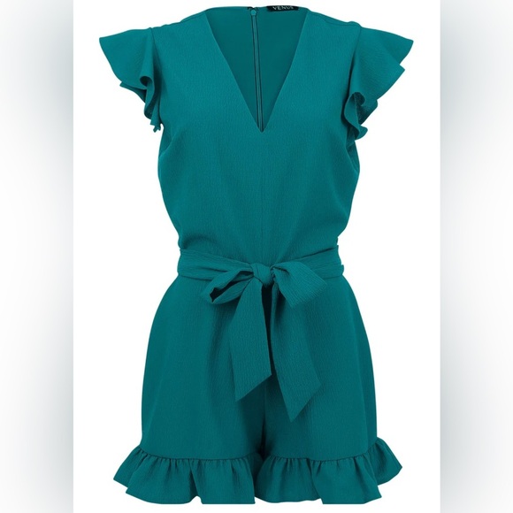 VENUS Teal Blue Wrap Romper with Flutter Sleeves - Picture 16 of 16